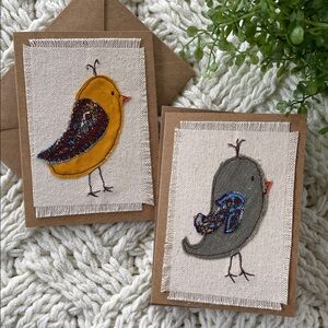 Handcrafted Bird Embroidery Greeting Card Set of Two Whimsical Bird Paisley